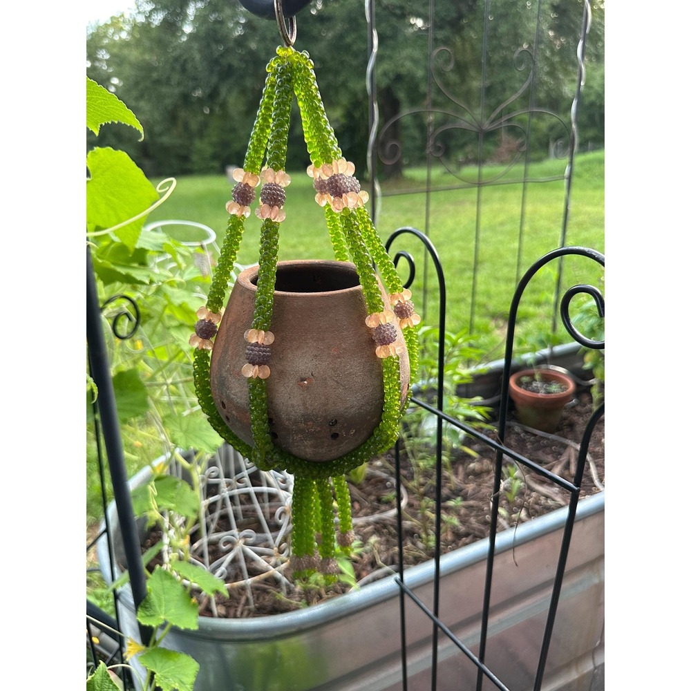 Vintage Beaded Plant Hanger – Green Grape Cluster Boho Cottagecore Decor